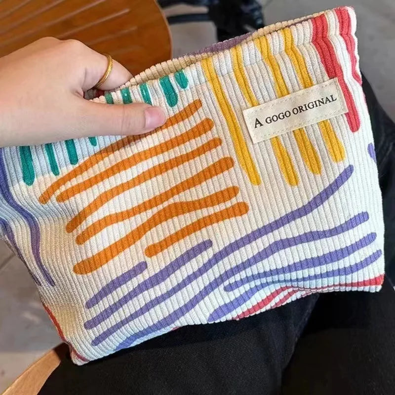 Grote Corduroy Cosmetica Tas - Gestreepte Make-up Travel Pouch