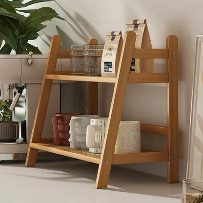 2-Laags Houten Desktop Organizer & Plantenrek - Rieten Look