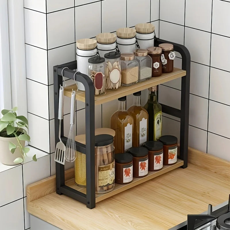 2-Laags Keuken Aanrecht Kruidenrek - Stevig Metalen & Houten Rek