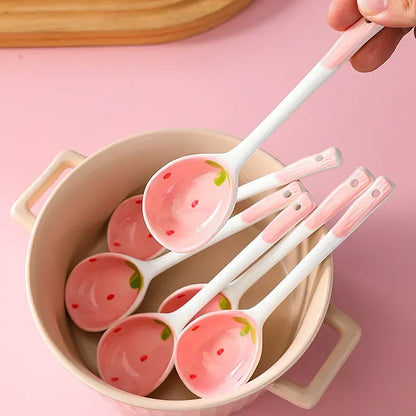 Kawaii Aardbei Keramische Lepel met Lang Handvat - Handgeschilderde Lepel