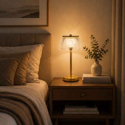 Oplaadbare LED Tafel Lamp met Geribbelde Kap en Metalen Basis