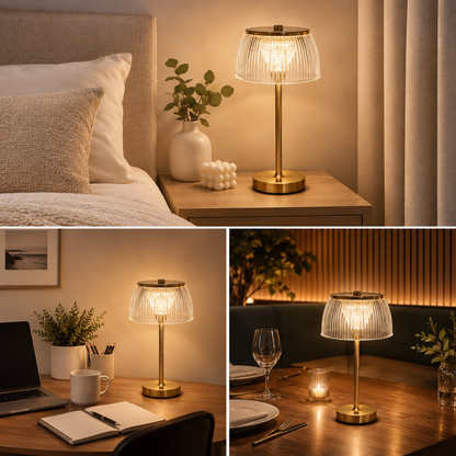 Oplaadbare LED Tafel Lamp met Geribbelde Kap en Metalen Basis