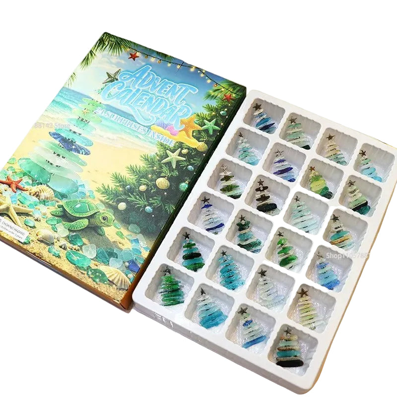 By Levin advent calendar with 24 coastal-style sea glass look acrylic Christmas tree ornaments in various colors