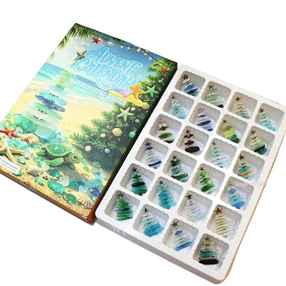 By Levin advent calendar with 24 coastal-style sea glass look acrylic Christmas tree ornaments in various colors