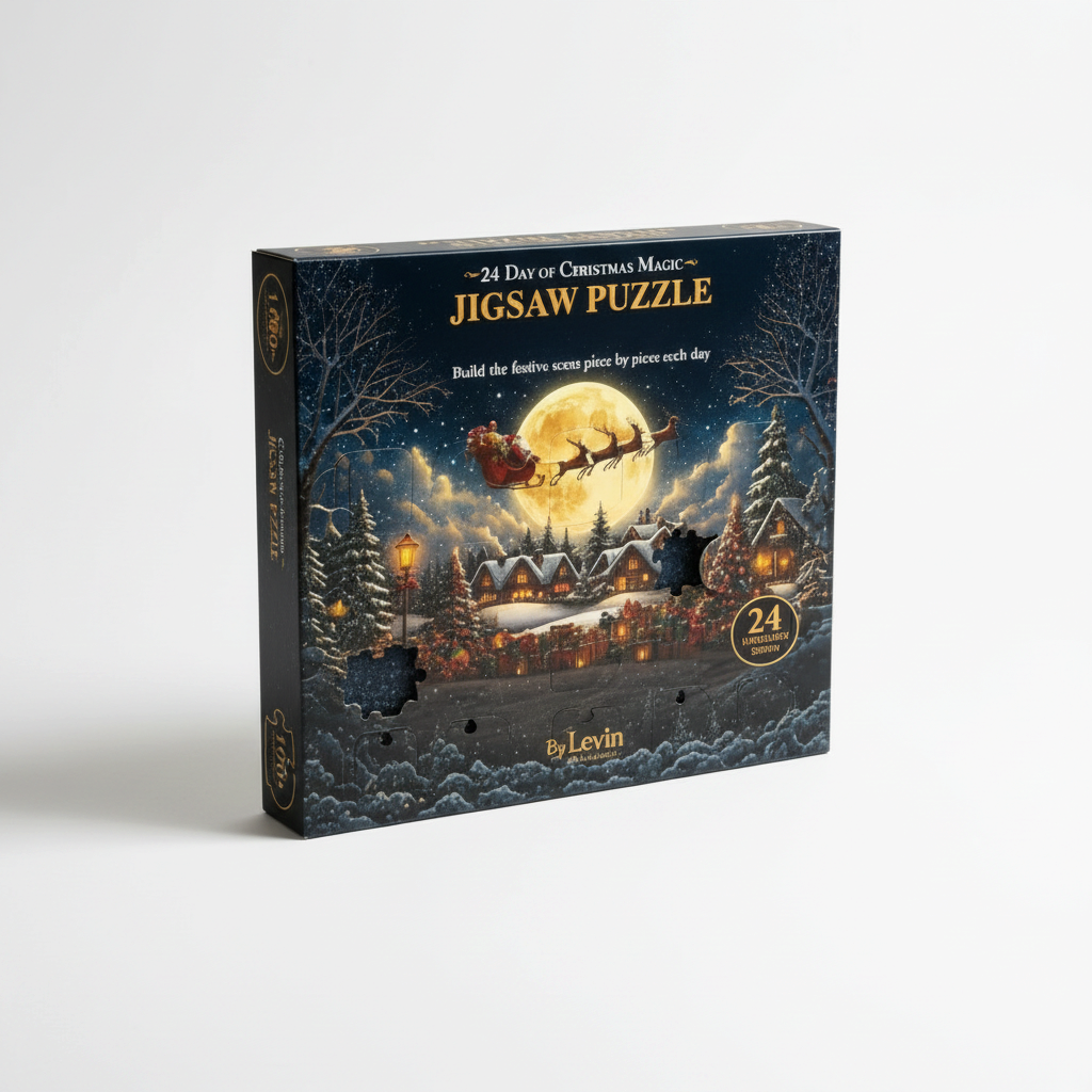 By Levin 24-day Christmas advent calendar jigsaw puzzle box featuring a festive snowy village scene with Santa