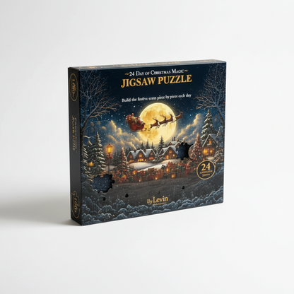 By Levin 24-day Christmas advent calendar jigsaw puzzle box featuring a festive snowy village scene with Santa