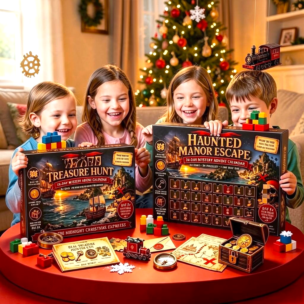 By Levin 24-day mystery adventure advent calendar puzzle game with Christmas tree background and happy children
