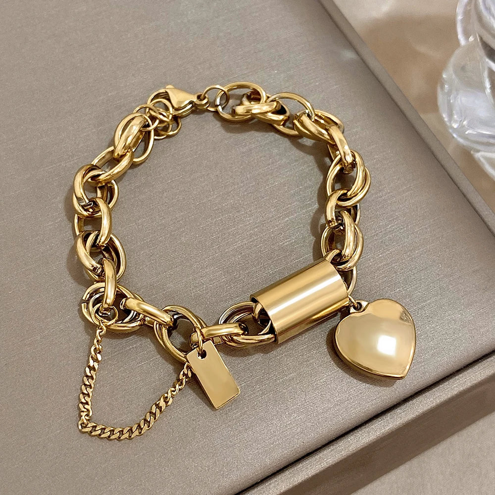 Stoere Chunky Hartslot Armband Goud